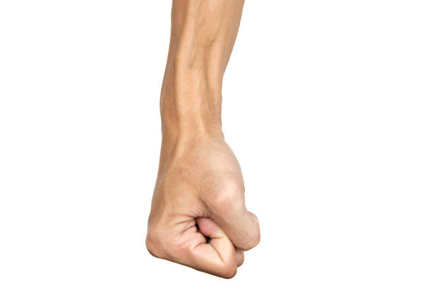 Man clenched fist to punch isolated on white background. Hand gesture. Clipping path. Man clenched fist to punch isolated on white background. Hand gesture. Clipping path. right handed stock pictures, royalty-free photos & images