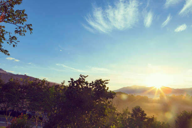 Beautiful Misty Morning with Beautiful Sunrise which clear blue sky in morning at Doi Mae Salong, Chiang Rai, Thailand.