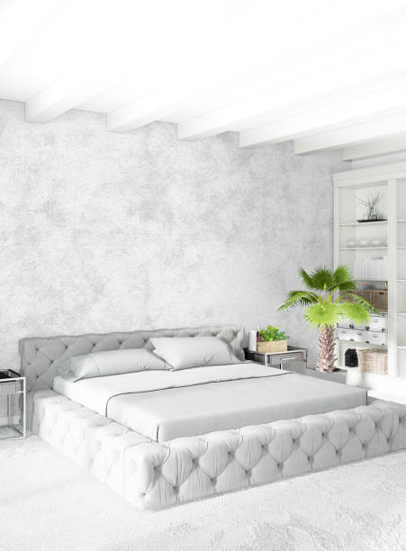 istock White bedroom minimal style Interior design with wood wall and grey sofa. 3D Rendering. 3D illustration 849133034