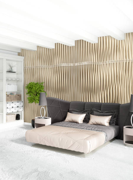 istock White bedroom minimal style Interior design with wood wall and grey sofa. 3D Rendering. 3D illustration 849133296