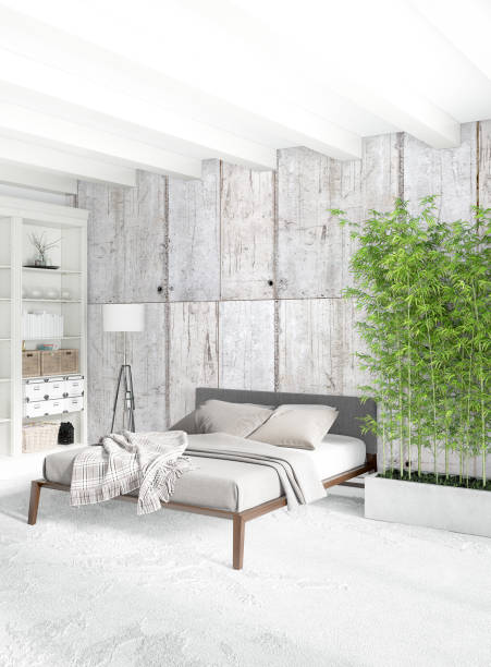 istock White bedroom minimal style Interior design with wood wall and grey sofa. 3D Rendering. 3D illustration 849133432