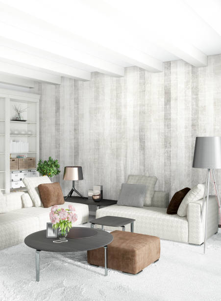 istock White bedroom minimal style Interior design with wood wall and grey sofa. 3D Rendering. 3D illustration 849135874