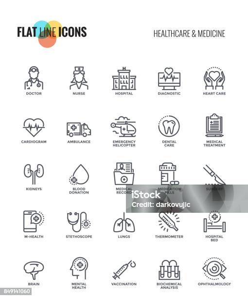 Flache Linie Symbole Designgesundheitswesen Und Medizin Stock Vektor Art und mehr Bilder von Icon