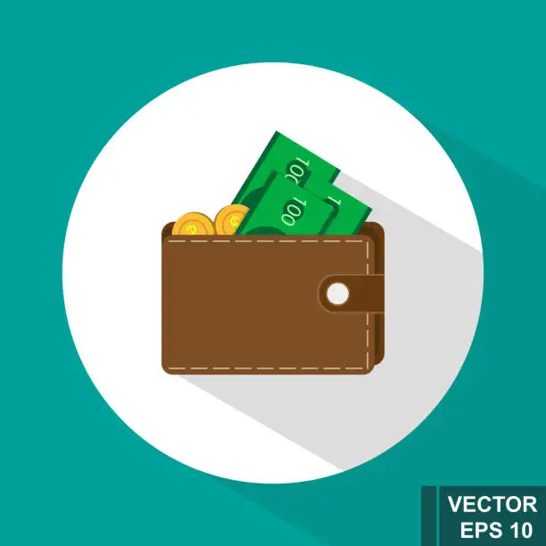 Vector illustration of A leather wallet filled with money. The icon. Flat design.