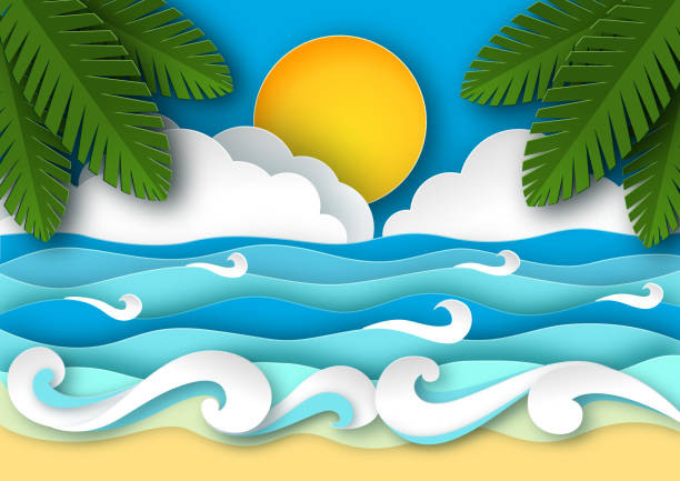 바다 파도 종이 예술 스타일에서 열 대 해변 여행 개념 벡터 일러스트 레이 션. 여름 방학 포스터 종이에 디자인 컷 - beach cartoon island sea stock illustrations
