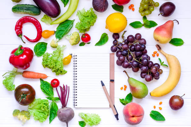 istock Healthy food, diet eating, detox background - different fruits and vegetable, empty open notebook, and measuring tape on white wooden table. Top view. Selective focus. 849147200