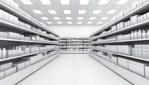 Shelves with blank goods in the interior of the store. 3d image