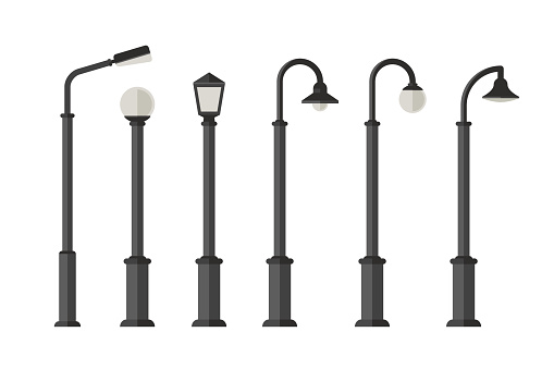 Street lighting flat icons. Lampposts and outdoor lighting for urban design.