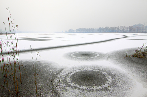 circular pattern on the ice, in the river, winter, China
