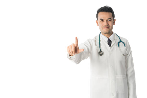 istock Isolated image of doctor pointing finger at space. 849152064