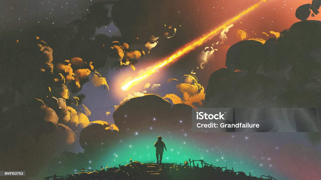 boy looking the meteor in the colorful sky night scenery of a boy looking the meteor in the colorful sky, digital art style, illustration painting Art stock illustration