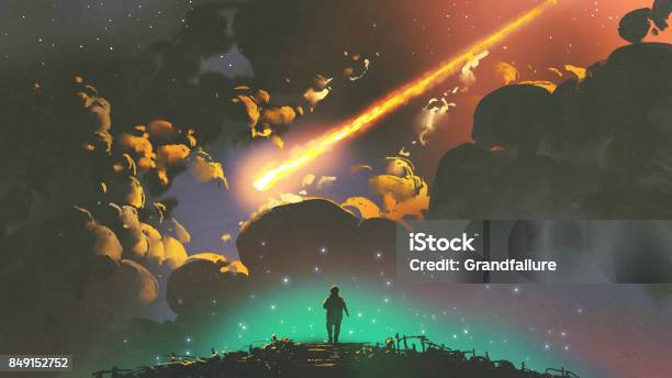 Boy Looking The Meteor In The Colorful Sky Stock Illustration - Download Image Now - Art, Fantasy, Illustration