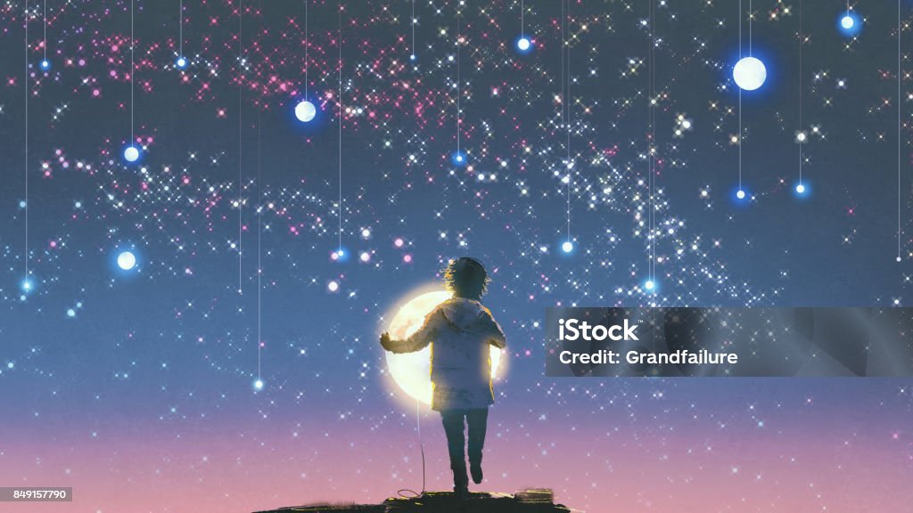 Junge mit leuchtenden Mond stehen gegen hängende Sterne - Lizenzfrei Kind Stock-Illustration