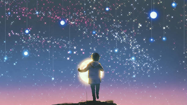 Vetores de Menino Segurando O Pé De Lua Brilhante Contra Estrelas De  Suspensão e mais imagens de Criança - iStock