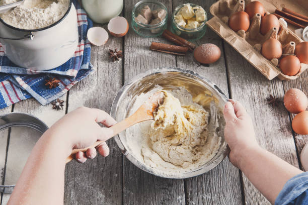 Cooking ingredients for baking, eggs, butter and flour
