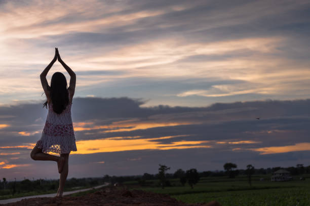 istock Beautiful asian woman standing on the 
mound with sunset 849165672