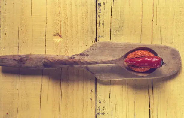 Red pepper fresh and ground, on a wooden spoon, top view.