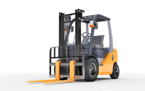 3d rendering forklift truck on white background. Front side view. Bottom view Forklift truck on white isolated background. 3d illustration stacker stock pictures, royalty-free photos & images
