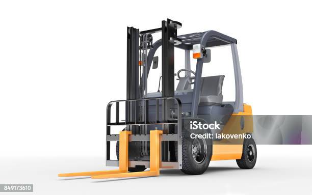 3d Rendering Forklift Truck On White Background Front Side View Bottom View Stock Photo - Download Image Now