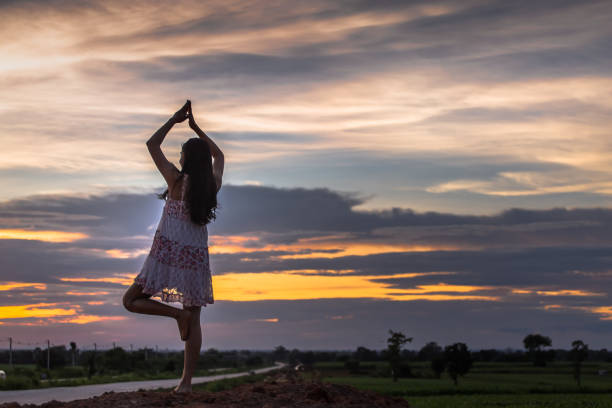 istock Beautiful asian woman standing on the mound with sunset 849173652