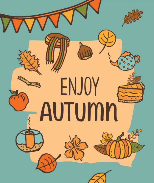 enjoy autumn hand drawn handwritten cute cartoon doodle greeting card background with pumpkin pie scarf candle fall leaves flag garland tea can chestnut and apple enjoy autumn hand drawn handwritten cute cartoon doodle greeting card background with pumpkin pie scarf candle fall leaves flag garland tea can chestnut and apple knitted pumpkin stock illustrations