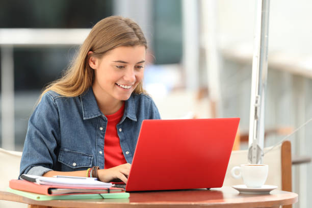 istock Happy student typing on a laptop in a bar 849180992