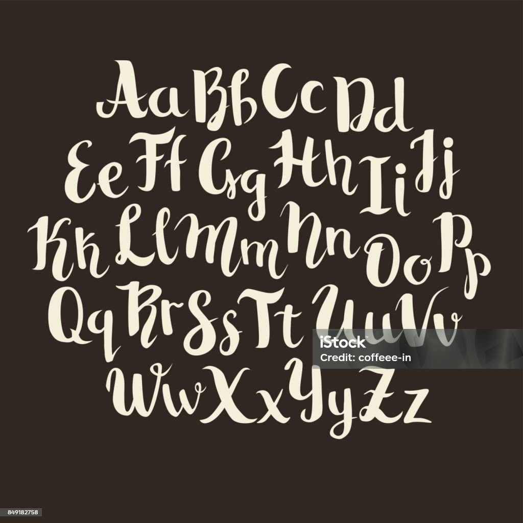 Lettering latin alphabet poster Lettering latin alphabet poster. Hand drawn brush painted capital letters. Modern abc calligraphy. Black letters, circle composition Typescript stock vector