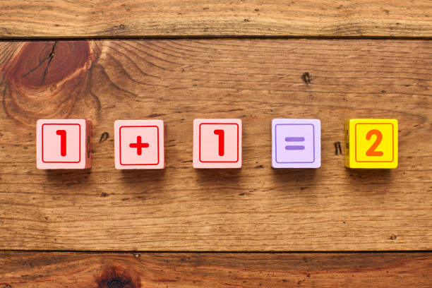 istock Overhead view of one plus 1 equals two on wood 849187710