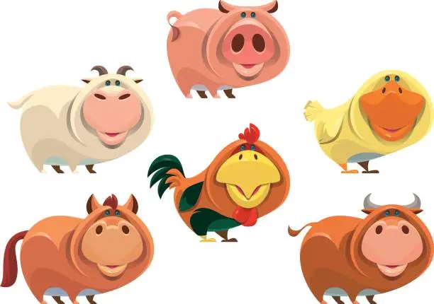 Vector illustration of group of farm animals
