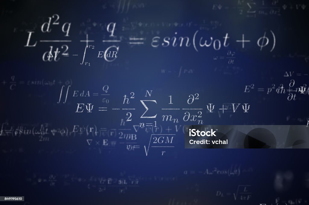 Background of many physical equations and formulas. 3D rendered illustration. Quantum Physics Stock Photo