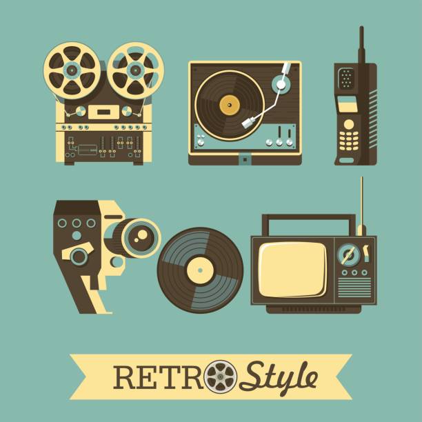 Retro appliances. A set of vector objects. Old TV reel tape recorder, cordless telephone, phonograph, vinyl record, old film camera. Retro appliances. A set of vector objects. Old TV reel tape recorder, cordless telephone, phonograph, vinyl record, old film camera. retro turntable stock illustrations