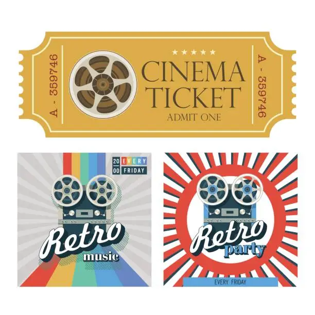 Vector illustration of Set of vector posters and retro design of a movie ticket.