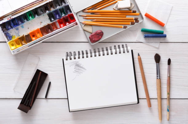 istock Drawing tools, stationary, workplace of artist 849196202