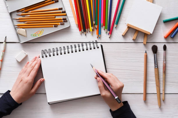 istock Workplace of artist, flat lay, top view, desktop 849196858