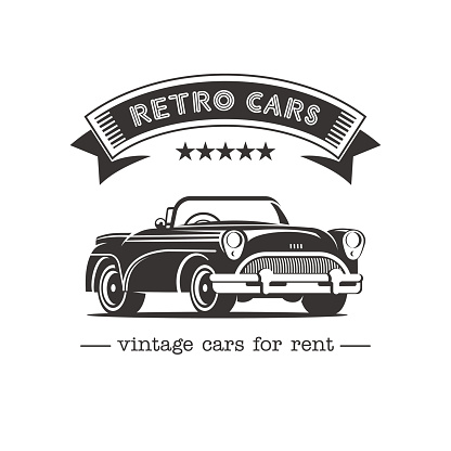 Vintage car. Sale, rental of vintage cars. Monochrome vector icon. Retro cars for rent.