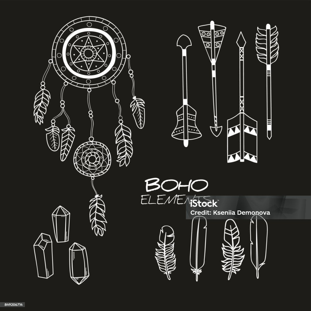 Set of Hand Drawn Boho Elements Boho Style Decorative Symbols Antler stock vector