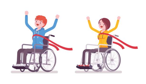 männliche und weibliche junge rollstuhl benutzer kreuzung rote ziellinie - men chair wheelchair sport stock-grafiken, -clipart, -cartoons und -symbole