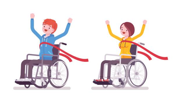 mężczyzna i kobieta młody użytkownik wózka inwalidzkiego przekraczający czerwoną linię mety - men chair wheelchair sport stock illustrations