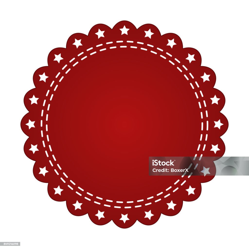 Embroidered red round ribbon stamp isolated on white. Can be used for banner, award, sale, icon, logo, label etc. Vector illustration Award stock vector