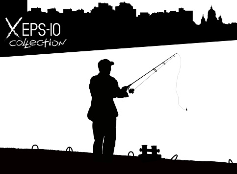 Silhouette of fisherman with fishing rod on pier fishing on background of night city black and white. Vector illustration of my raster photo