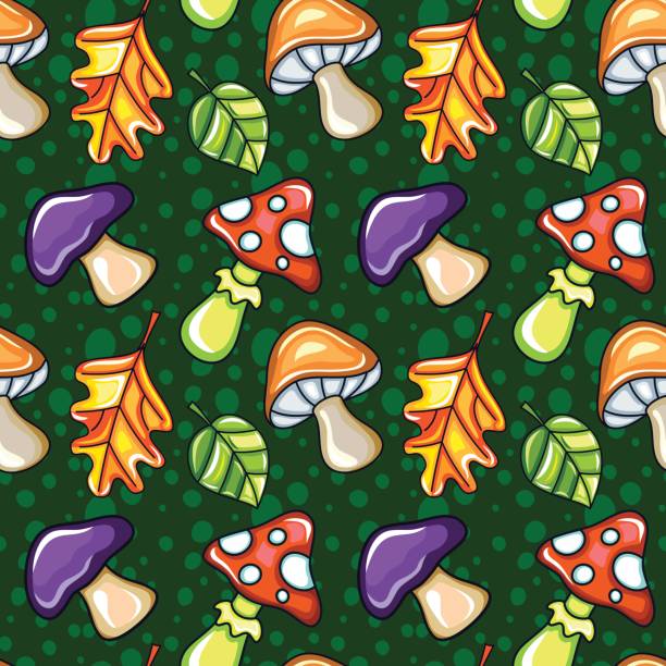 가 잎과 버섯 완벽 한 패턴입니다. 가 시리즈 질감. - 독우산광대버섯 stock illustrations