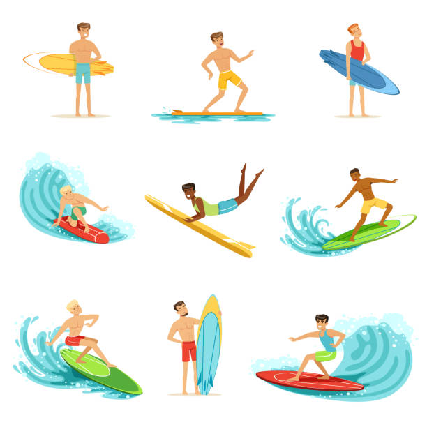 surfboarders 파도 세트에 타고, 다른 포즈에 서핑 보드와 서퍼 남자 벡터 일러스트 - surfing wave surf surfboard stock illustrations