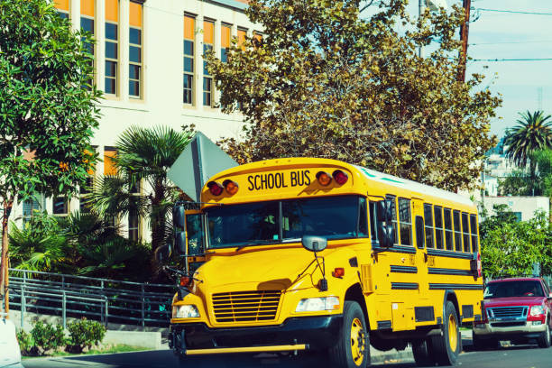 istock School bus parked by the school 849230210