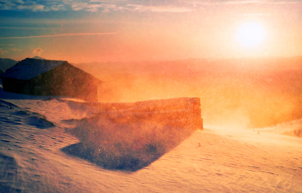 Blizzard covered alpine fields shepherds in the Ukrainian Carpathians. Frozen snowstorm barns and housing shelters - cold winter and frost on the background of mountain peaks
