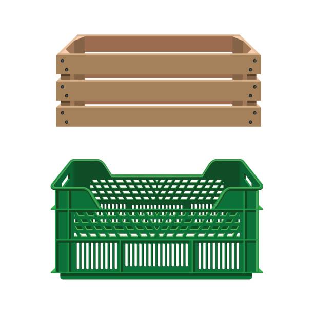 Plastic and wooden crates Plastic and wooden crates for fruits and vegetables. Vector illustration wood box stock illustrations