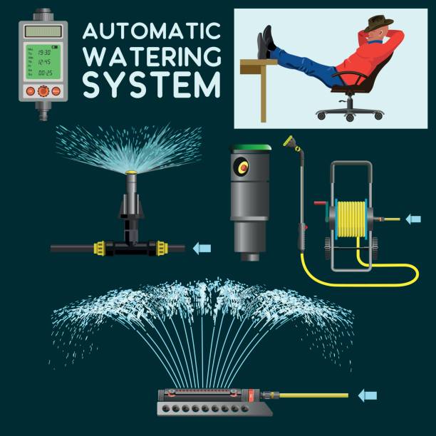 Automatic watering system Automatic watering system. Vector illustration on the dark background feet up stock illustrations