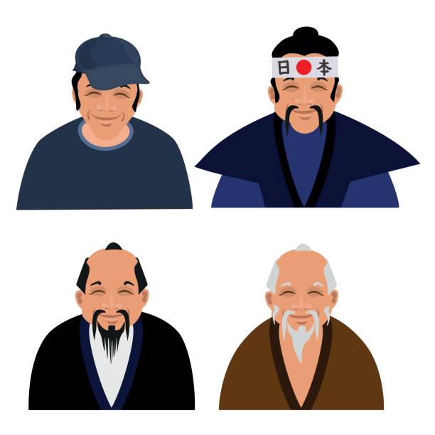 Set of asian men Young, adult and old asian men. Set of vector illustrations hachimaki stock illustrations