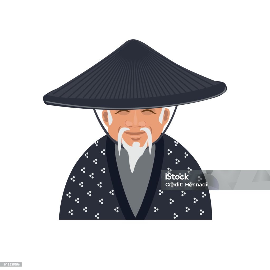 Older japanese man Older japanese man in traditional conical hat. Vector illustration Chinese Ethnicity stock vector