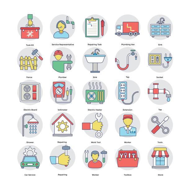 ilustrações, clipart, desenhos animados e ícones de serviços para casa plana circular icons set 6 - bathroom sink illustrations
