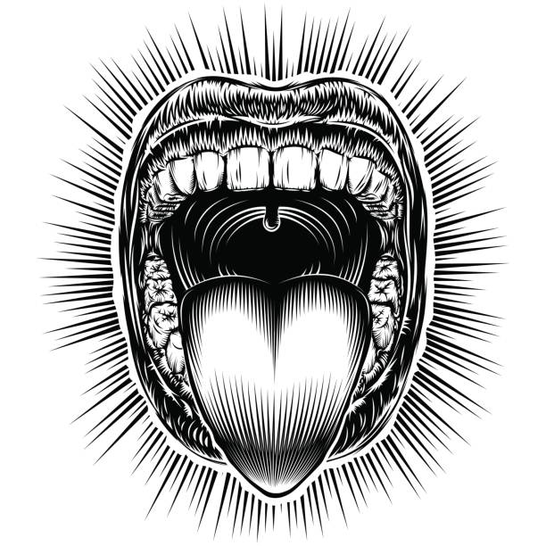 ilustraciones, imágenes clip art, dibujos animados e iconos de stock de boca abierta lengua grito tinta vintage mano dibujo monocromo - human mouth mouth open shouting screaming